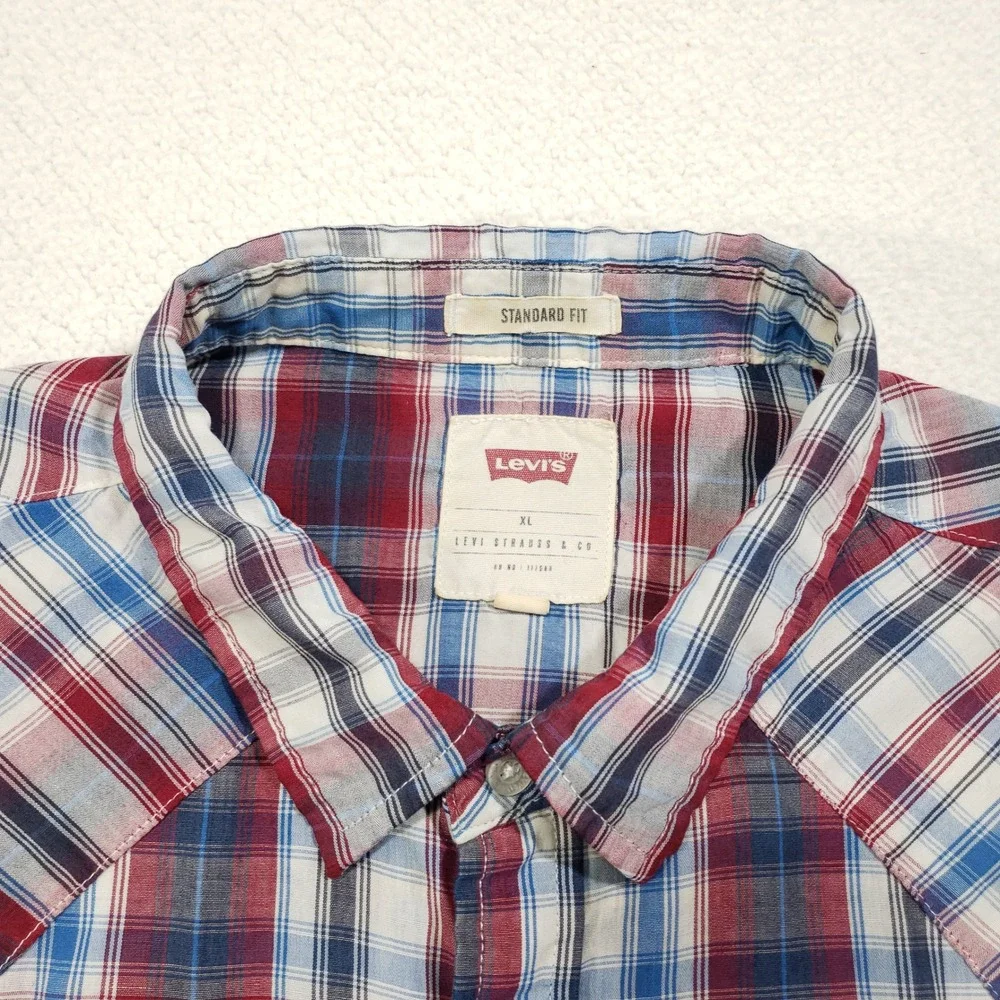 Levi's Pearl Snap Shirt Mens XL Red Blue Plaid Western Short Sleeve Standard Fit